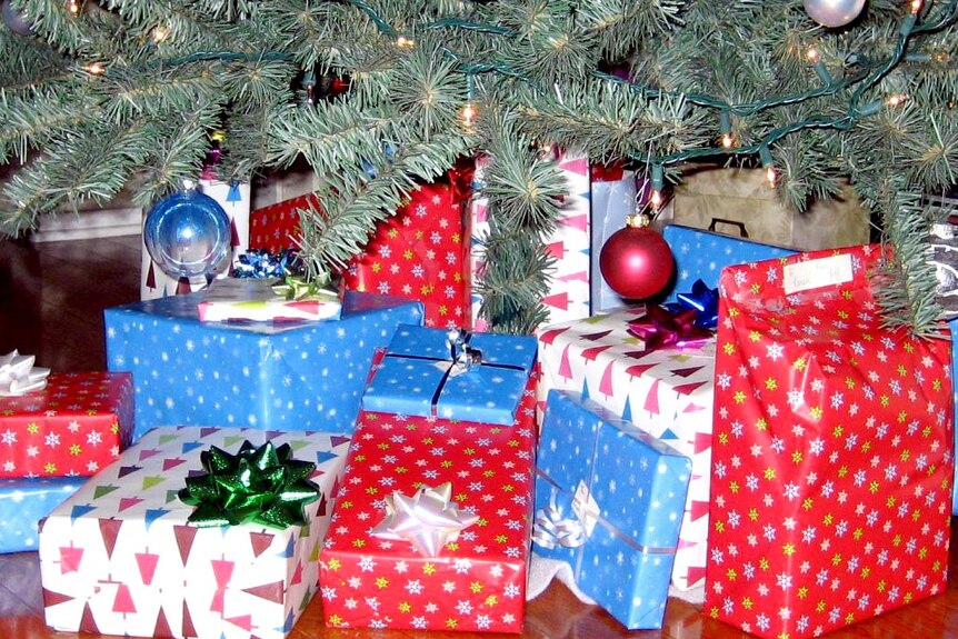 Blue and red presents stacked under a Christmas tree.
