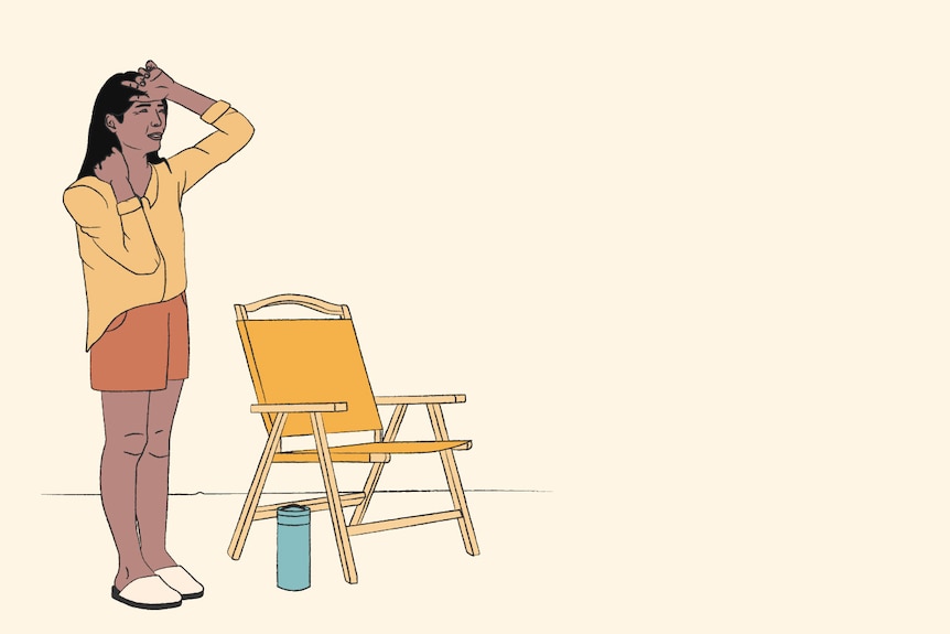 Illustration of 45 year old woman struggling in heat, hand on head with chair beside her yellow colour tones.