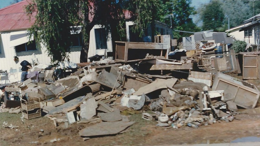 Home washed off stumps in Charleville after 1990 flood.