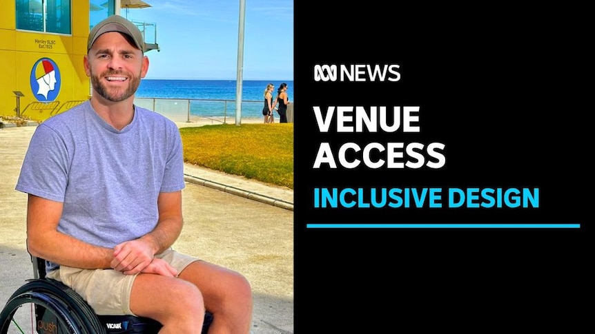 Venue Access. Inclusive Design. Man wearing a green cap sitting in a wheel chair in front of a surf life saving club. a 