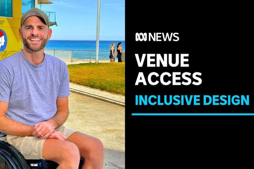 Venue Access. Inclusive Design. Man wearing a green cap sitting in a wheel chair in front of a surf life saving club. a 