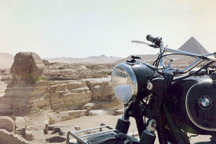 Du, their BMW R50 and family member, at the pyramids in 1965