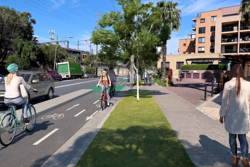 An artists impression of a cycleway on a road in front of a railway line