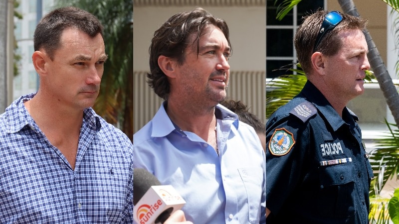 Compsite image of three middle-aged men, all standing or walking outside a courthouse.