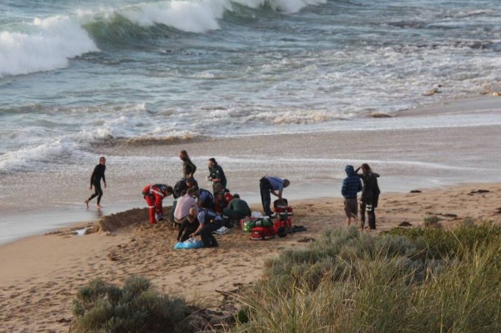 A crowd of people surround an unsighted shark attack victim on a beach in Mandurah.