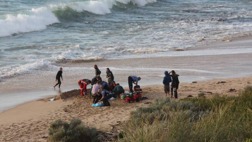 A crowd of people surround an unsighted shark attack victim on a beach in Mandurah.