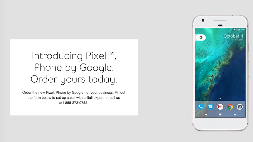 Bell's pre order page for Google's Pixel smartphone