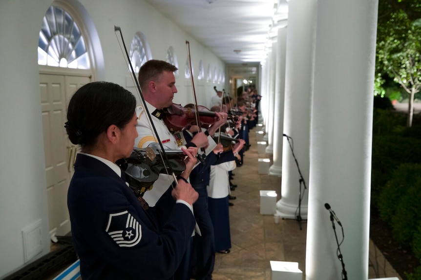 A military band, predominately violinists, play along a walkway near the Rose Garden.