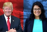 A composite image of Trump and Tlaib next to each other with their corresponding party colours - red and blue.