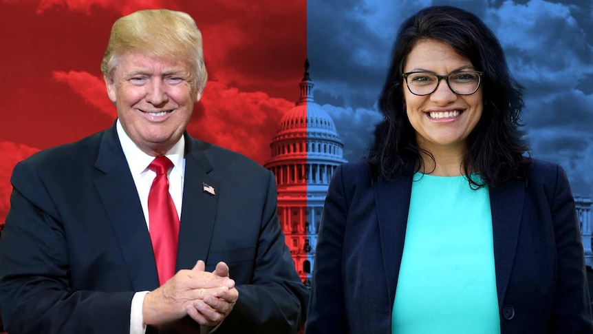 A composite image of Trump and Tlaib next to each other with their corresponding party colours - red and blue.