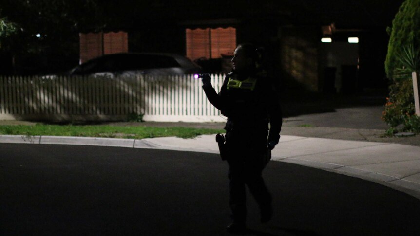 A police officer shines a torch in a suburban street at night.