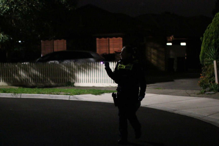 A police officer shines a torch in a suburban street at night.