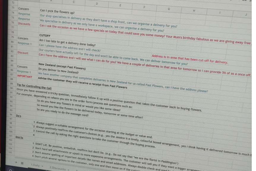 Internal training documents in Excel spreadsheets from Roses Only. 