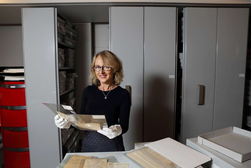 Roslyn Sugarman, Head Curator of the Sydney Jewish Museum, in the archives where John Gruschka's letters are kept safely.