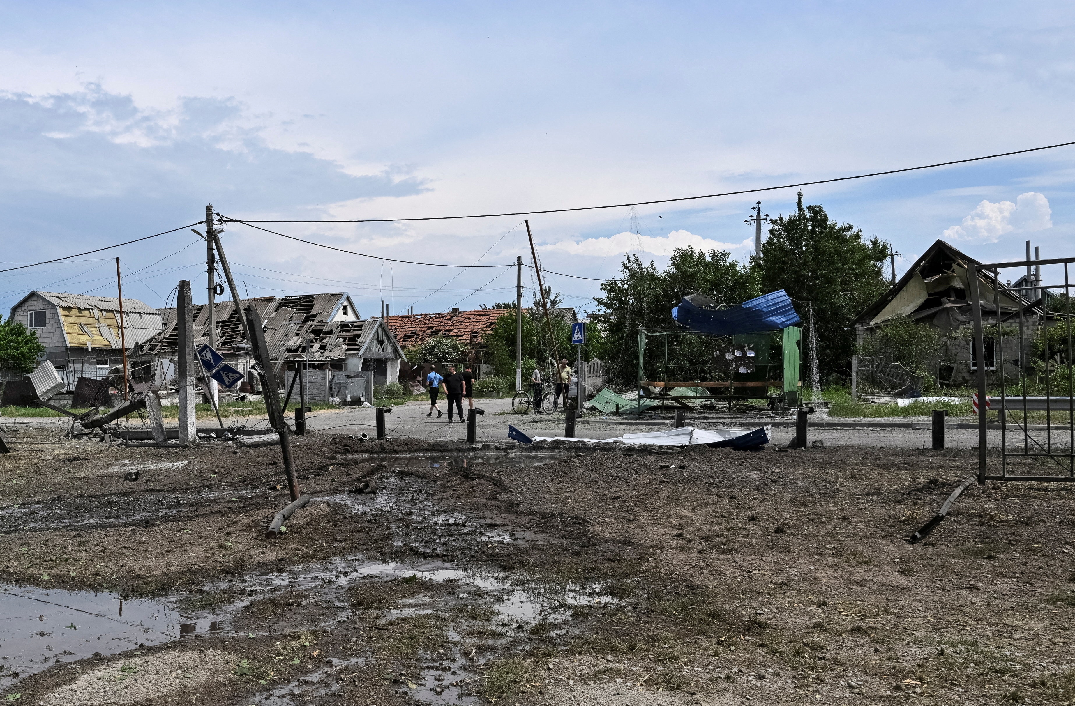 A village is in ruins after Russian air strikes in Ukraine.