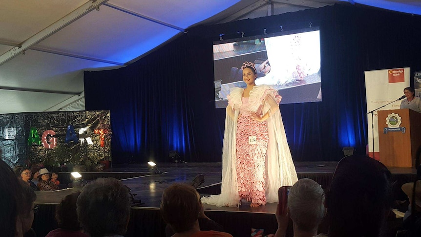 A model wearing a pink evening gown and cloak at the Elmore Ag Art fashion parade.