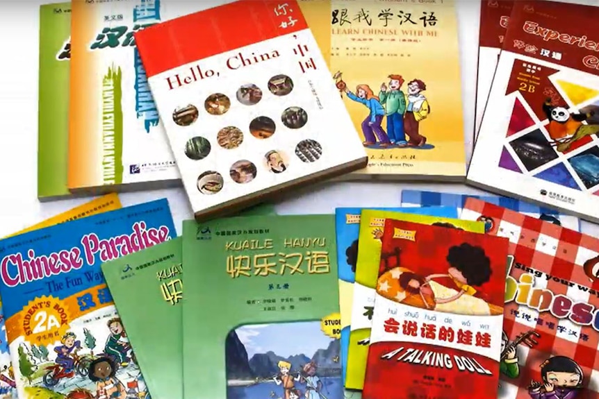Books laid out with titles 'Hello, China', 'Learn chinese with me' et cetera