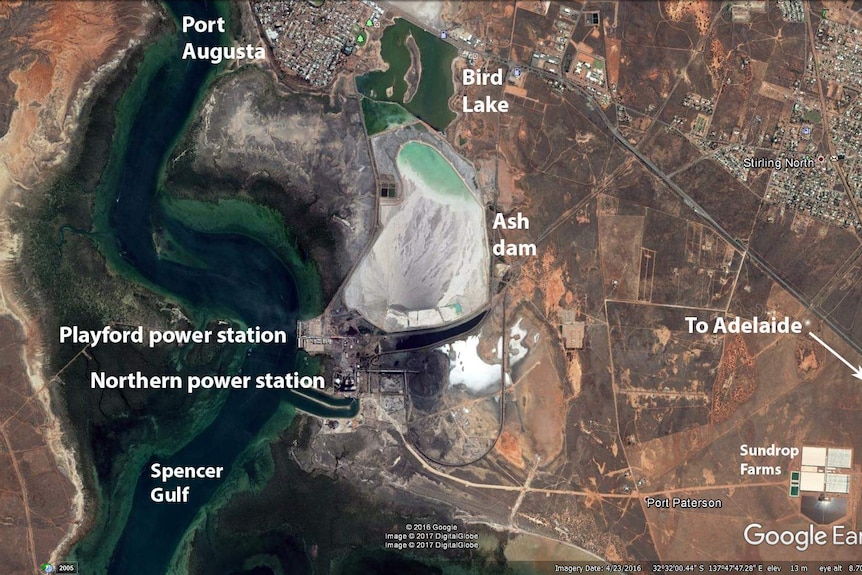 An aerial image of the former power stations at Port Augusta and neighbouring ash dam and lake