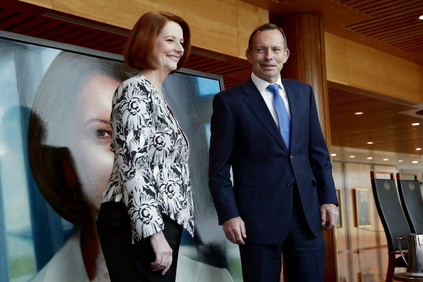 Julia Gillard and Tony Abbott at Gillard's portrait unveiling