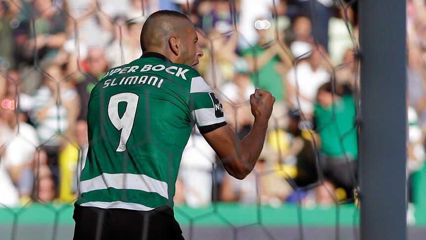 Sporting CP's Islam Slimani celebrates a goal against FC Porto on August 28, 2016.