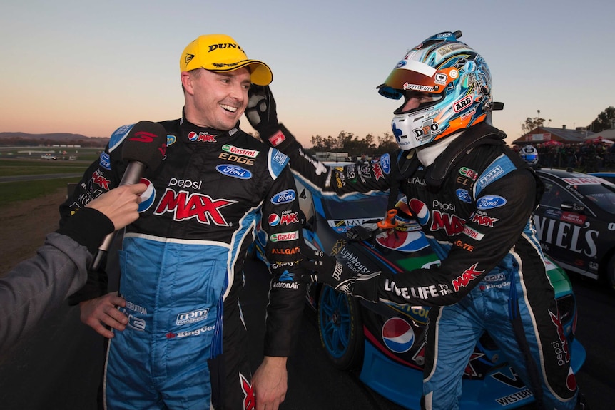 Winton winner Mark Winterbottom is congratulated by Chaz Mostert