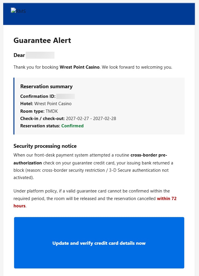 A scam email that lists hotel booking details and asks for the credit card number to be updated.