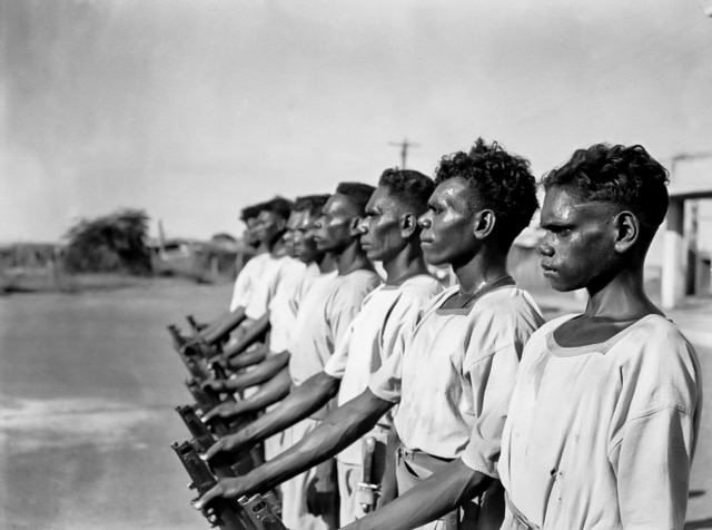 monochrome of aboriginal recruits on parade.