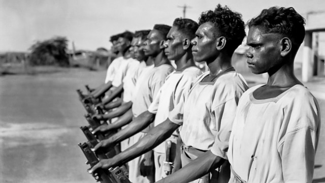 monochrome of aboriginal recruits on parade.