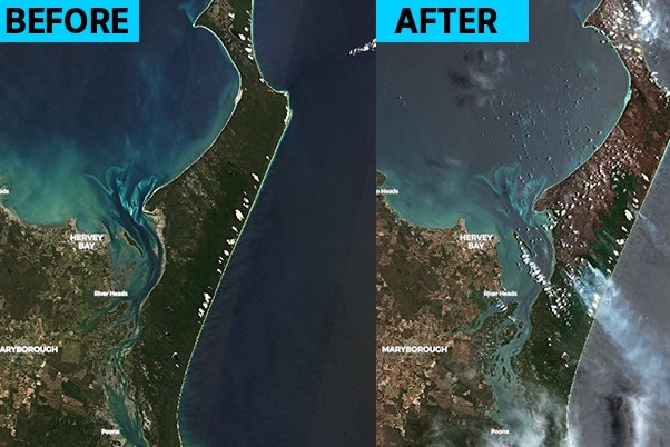 Satellite maps show fire damage on Fraser Island.