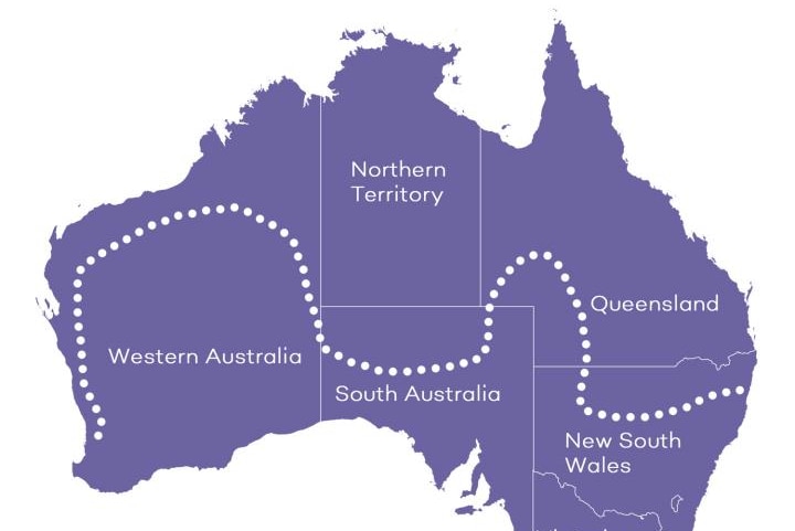 A map of Australia with a dotted line in the middle.