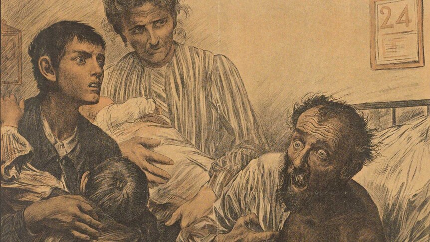 A sketch by the Swiss artist Eugene Burnand showing an alcoholic on his death bed, surrounded by his family.