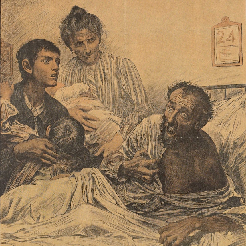 A sketch by the Swiss artist Eugene Burnand showing an alcoholic on his death bed, surrounded by his family.