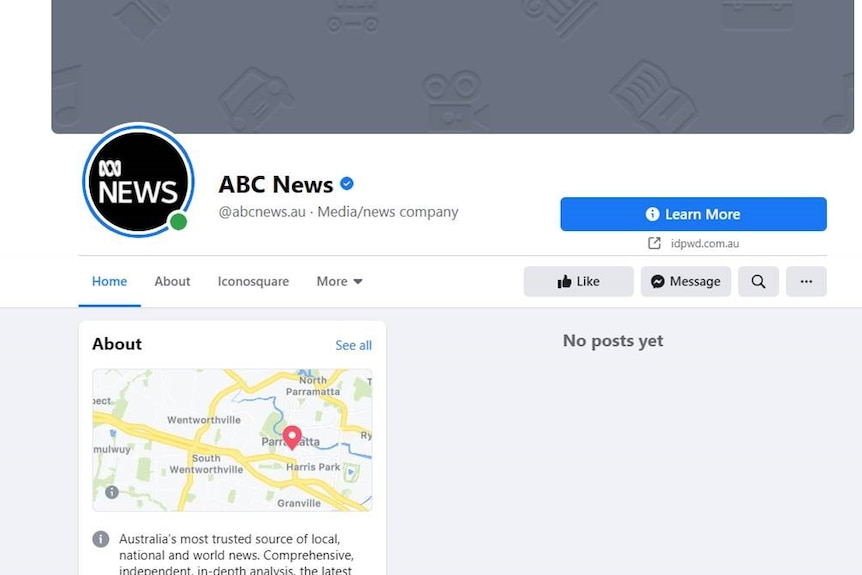 A screenshot of the ABC News page on Facebook showing no posts