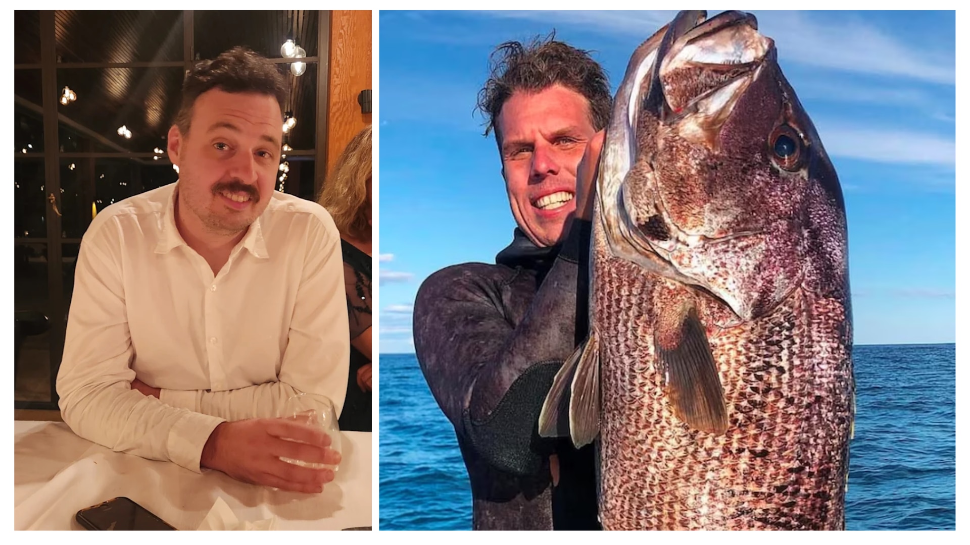 Two photos side by side. One has a man in a white shirt, the other has a man holding a big fish.