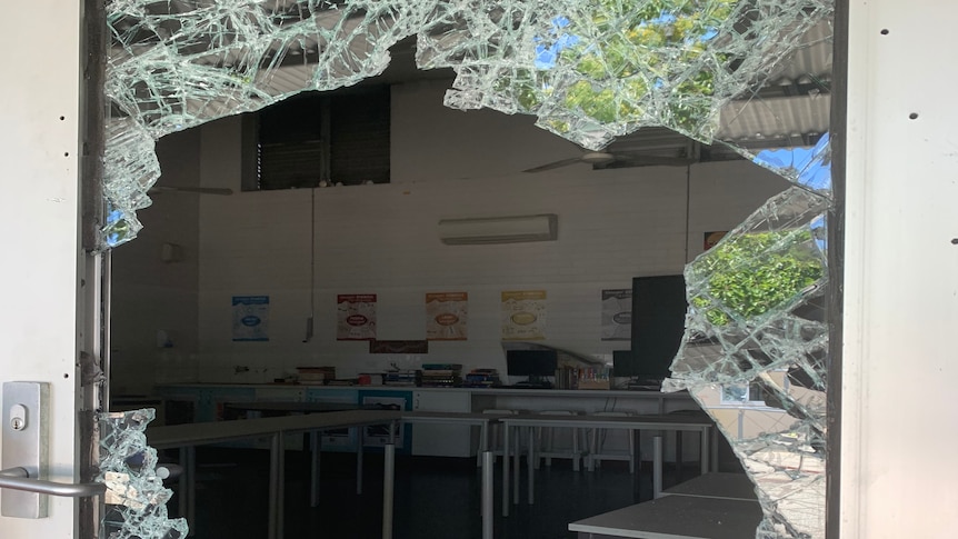 Smashed glass classroom door 