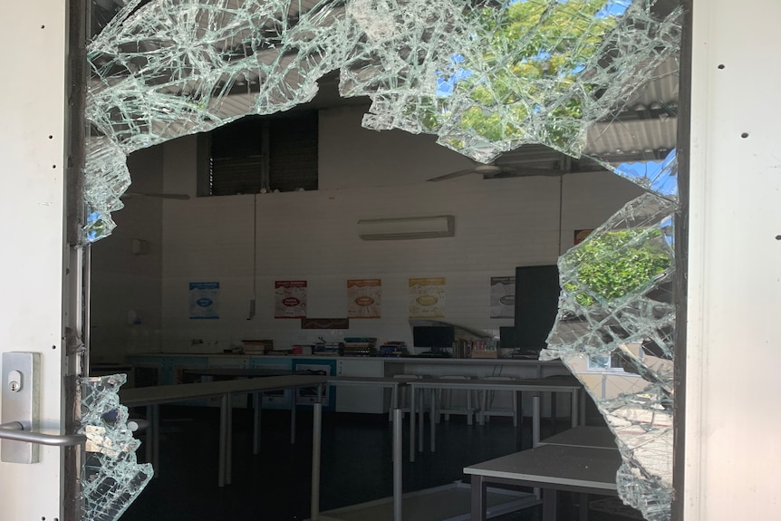 Smashed glass classroom door 