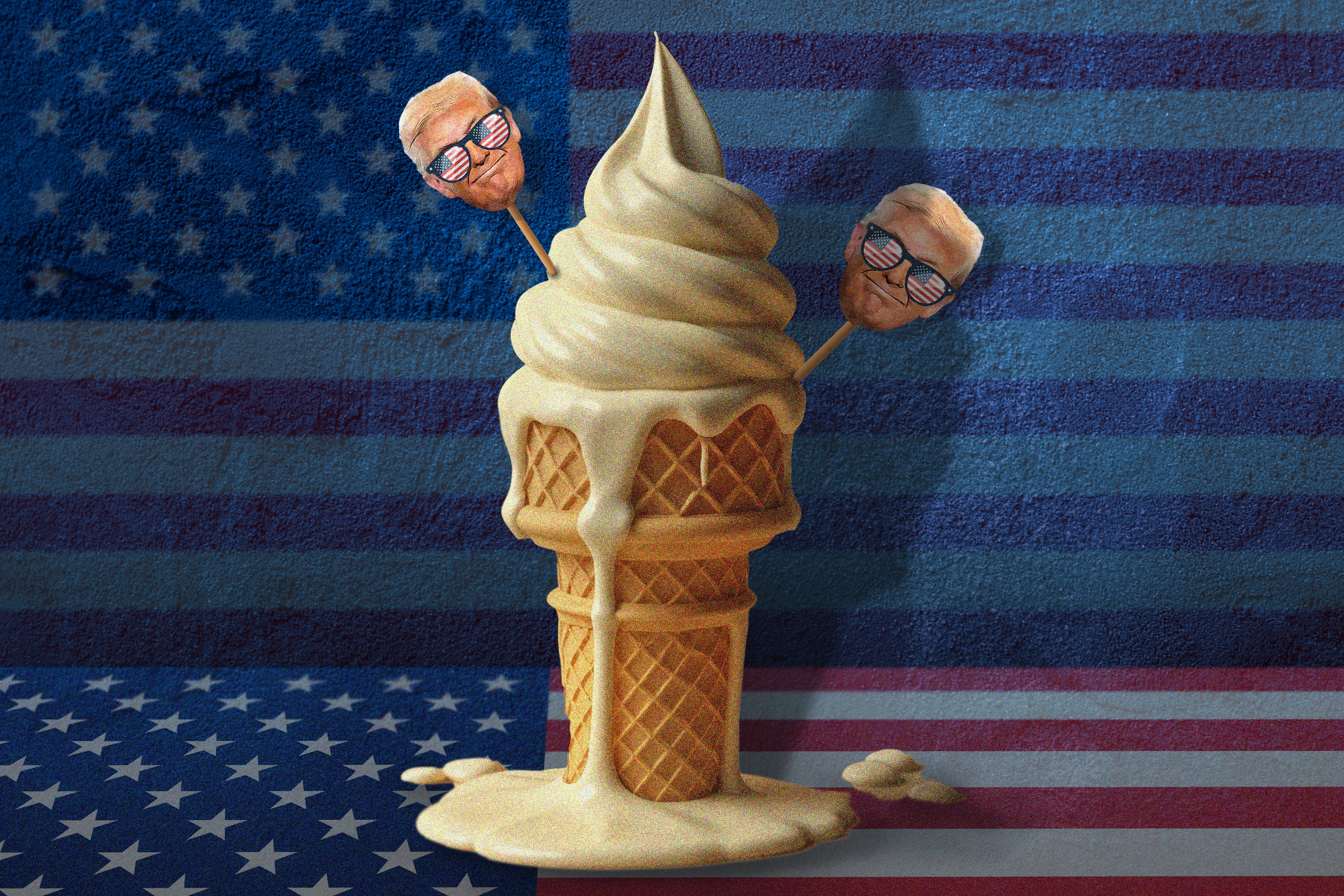 Casquinha de sorvete derretendo com a bandeira dos EUA ao fundo e dois palitos com a cabeça de Donald Trump com óculos de sol da bandeira dos EUA presos