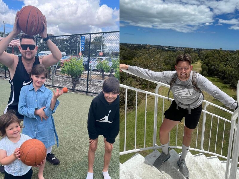 Imagen de Luke sosteniendo una pelota de baloncesto en una cancha de baloncesto al aire libre con tres niños. Otra foto de Luke parado en una escalera. 