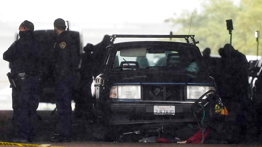 A car involved in a deadly accident sits at the scene in San Diego.
