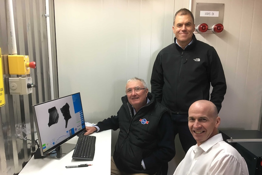 Teys Australia's Geoff Teys and Tom Maguire with MLA's Sean Starling look at carcase results provided by DEXA technology.