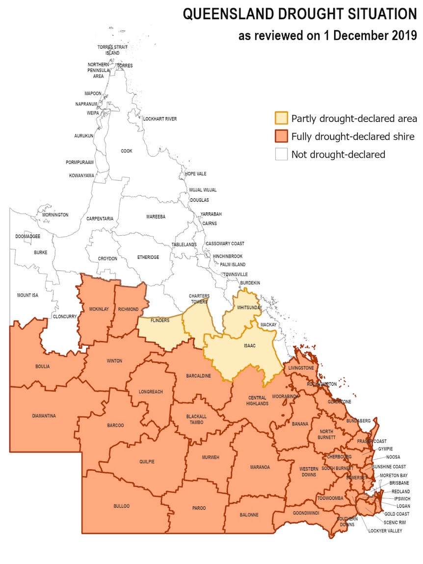 Map showing which areas are drought declared in Queensland.