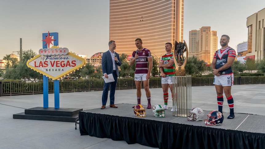 NRL players interviewed on a stage in Las Vegas