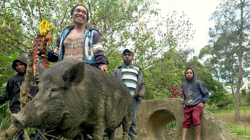 A PNG woman walks with her pig and other locals.