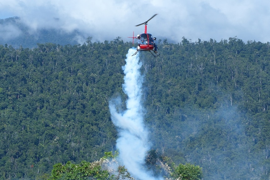 Smoke pours down from a helicopter onto dense bushland.