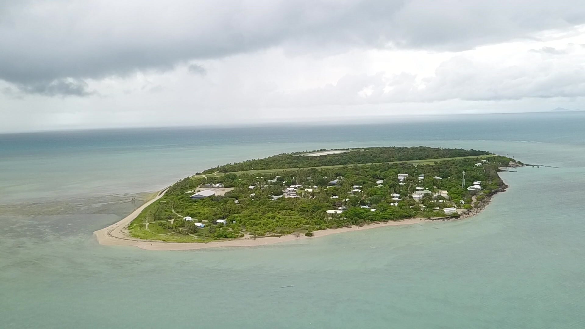 A drone shot of a small island.