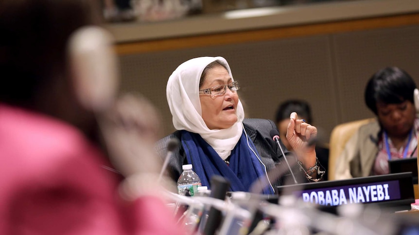 Nayebi sits at a UN roundtable making a point by holding her left hand in a pincer-like pose in front of a mic.