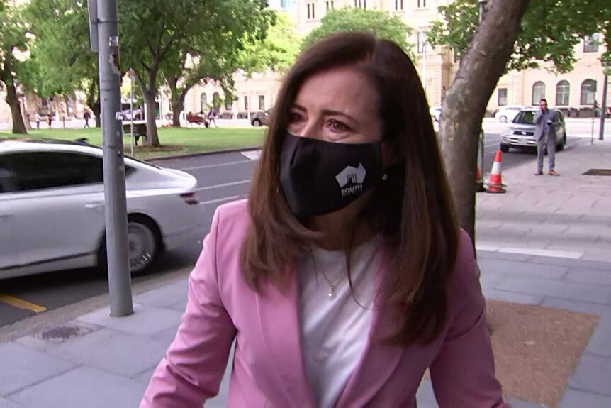 Rachel Sanderson wearing a face mask talks to the media