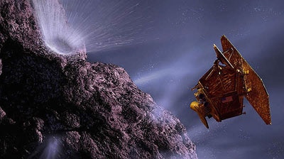 NASA artistic conception image shows the Deep Impact spacecraft and comet Tempel 1.
