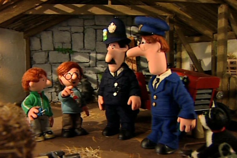 Postman Pat talks with a police officer and kids.