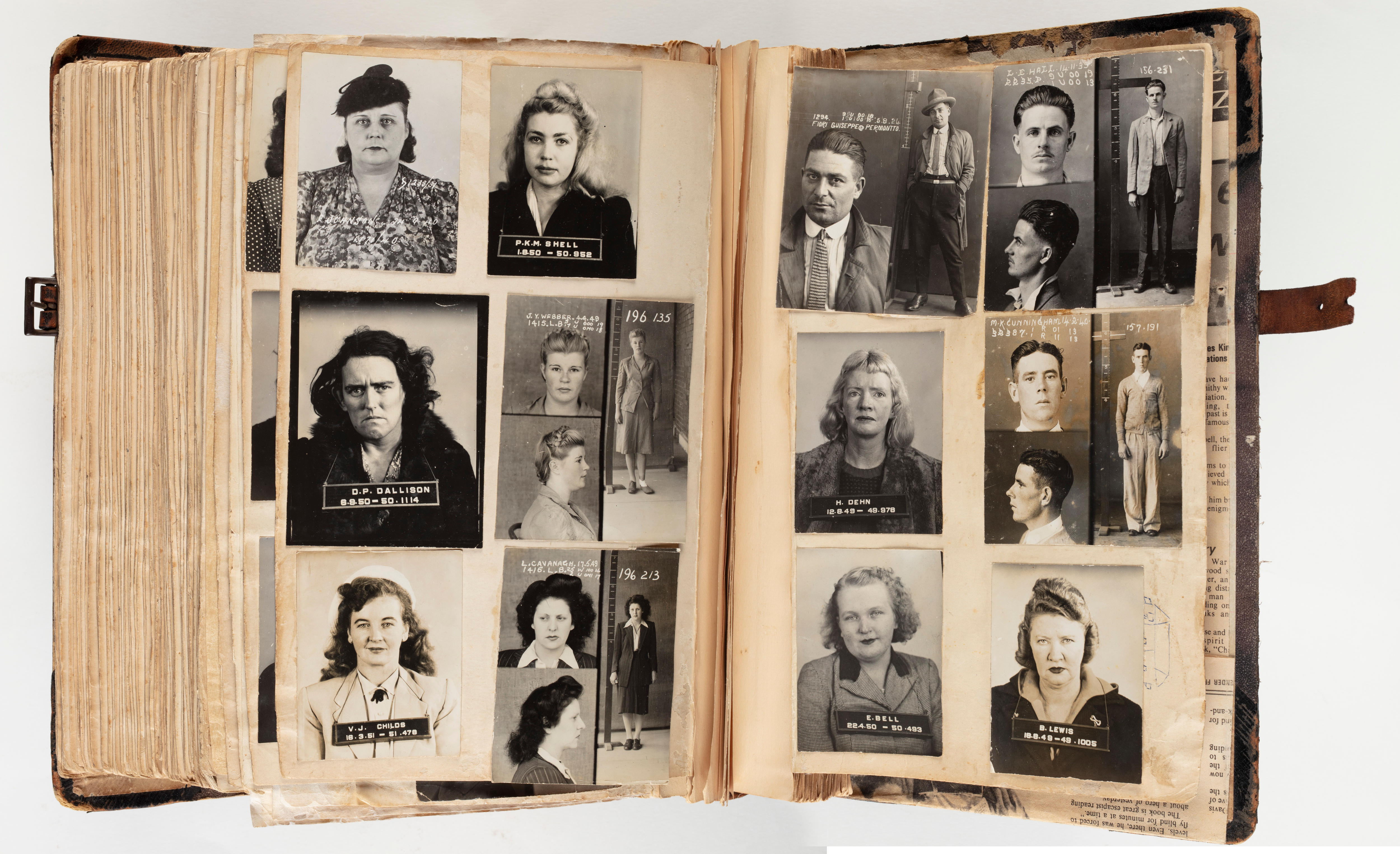 A scrapbook of 12 mugshots, mostly women. 